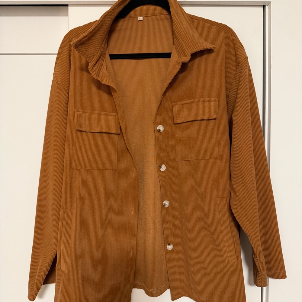 Corduroy Button-Up Shirt Jacket in Camel Brown
